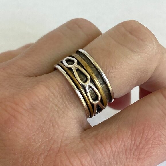 Sterling Silver 925 India Two Tone Brass Wide Multiple Band Spinner Ring Sz 7.5 - Picture 3 of 14